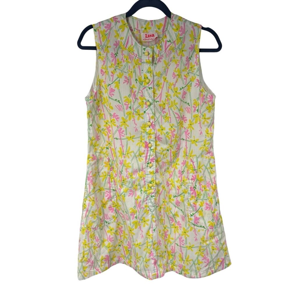Vtg Liza by Lilly Pulitzer 60’s Yellow Floral Dress Half Button Front Mini Mod